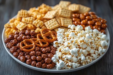 Wall Mural - A platter of assorted snacks including popcorn, pretzels, and crackers.