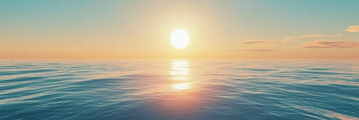 Poster - Bright sun rising over calm ocean waters at dawn with gentle waves reflecting the warm colors of the sky. Generative AI