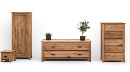 Wall Mural - Modern Wooden Furniture Set Including Wardrobe, Chest, and Console with Potted Plants on White Background