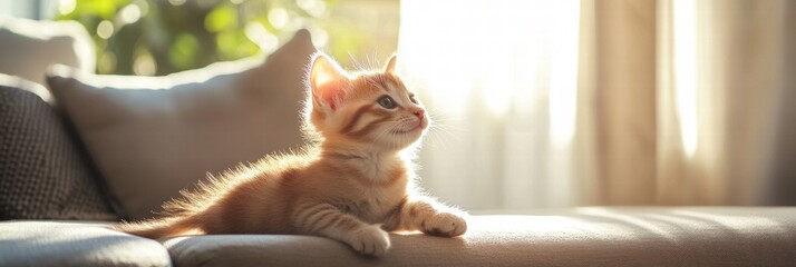 Poster - Curious kitten explores a sunny living room filled with warm light and cozy textures. Generative AI