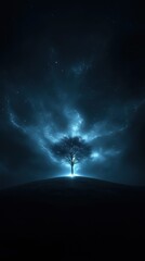 Wall Mural - a tree is lit up in the dark sky