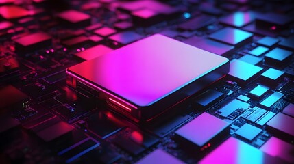 Poster - A close-up view of a modern microchip on a circuit board, illuminated with vibrant pink and blue lights, showcasing intricate details of technology and innovation.