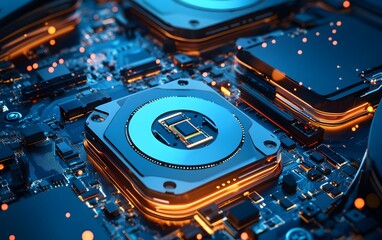Poster - A close-up view of a modern microprocessor surrounded by intricate circuitry, showcasing advanced technology and innovation in computing.