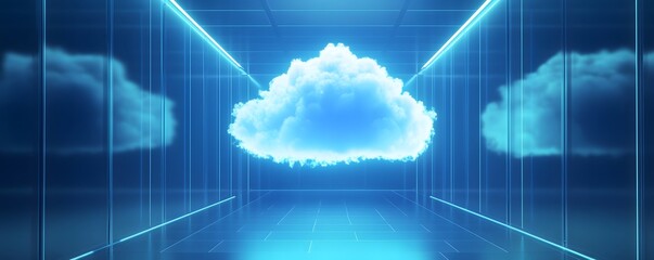 Poster - A digital representation of a cloud in a futuristic setting, illuminated by neon lights, showcasing the intersection of technology and data storage concepts.