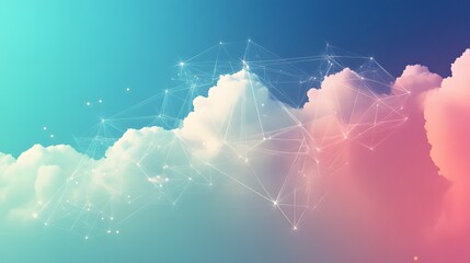 Poster - A dreamy digital illustration of colorful clouds against a vibrant gradient sky, embellished with abstract geometric shapes and sparkling elements, symbolizing imagination and crea