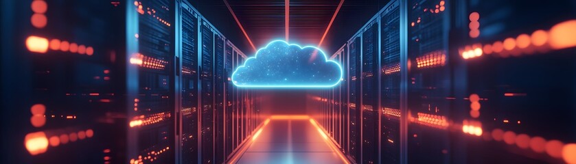 Poster - A futuristic data center showcasing advanced server technology with glowing neon elements. A digital cloud icon represents modern data storage solutions and infrastructure.