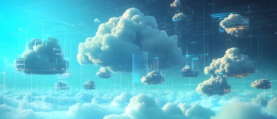 Poster - A futuristic depiction of clouds in a digital landscape. The clouds are interconnected with glowing lines, representing cloud computing and networking in a high-tech environment.