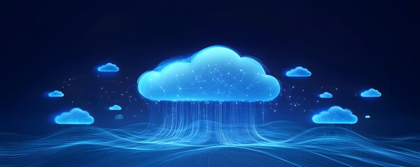 Poster - A futuristic digital cloud composed of blue light, symbolizing data storage and connectivity. The abstract design evokes a sense of innovation and modernity in tech.