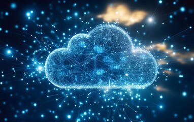 Poster - A futuristic digital cloud composed of interconnected lines and particles, representing advanced data storage and networking technology in a vibrant blue and orange backdrop.