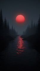 Wall Mural - a red sun is in the sky above a river