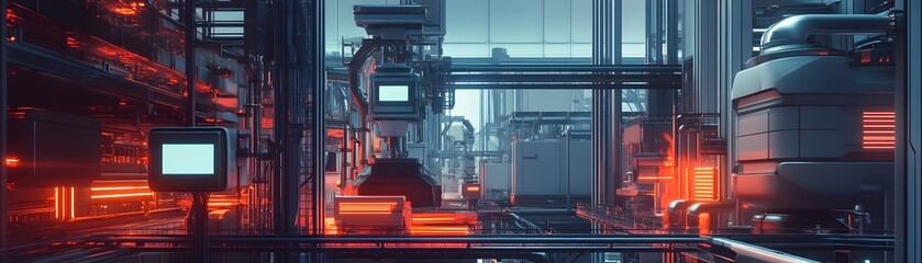 Poster - A futuristic industrial facility showcasing advanced machinery and technology. The vibrant hues of red and blue create a captivating atmosphere in an innovative workspace.