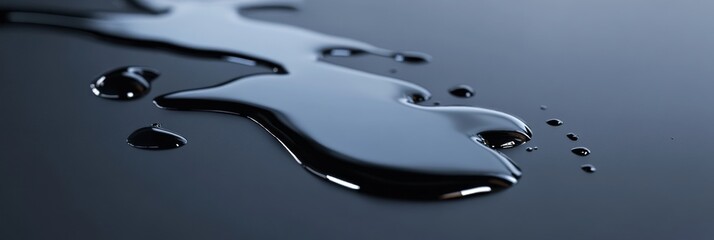 Poster - Reflective black oil puddle on a smooth surface with droplets scattered across. Generative AI