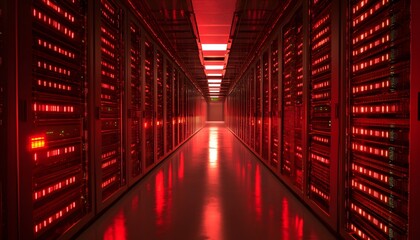 Poster - A glimpse into a futuristic data center, illuminated by vibrant red lights, emphasizing the advanced technology and intricate server infrastructure used for data processing.