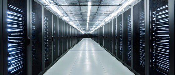 Poster - A modern data center corridor featuring rows of powerful servers, illuminated by bright LED lights, illustrating the cutting-edge technology that powers today's digital world.