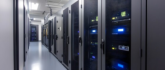 Poster - A modern data center featuring multiple server racks lined in a corridor