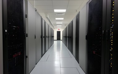 Poster - A modern data center featuring rows of sleek server racks