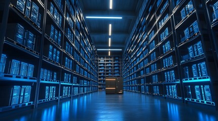 Poster - A modern data center featuring rows of servers illuminated by blue lights, showcasing a high-tech and organized environment for data management and storage solutions.