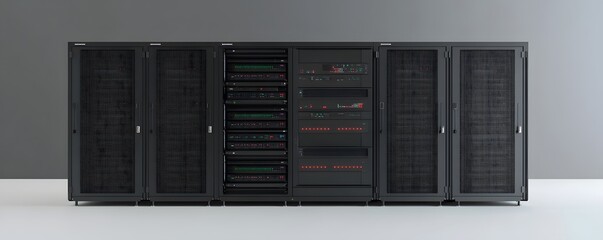Poster - A modern data center server rack showcasing advanced technology and efficient organization. Perfect for illustrating IT infrastructure, cloud computing, and digital innovation.