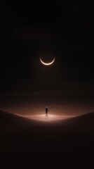 Wall Mural - a person is standing in a desert at night, with a large crescent moon in the sky