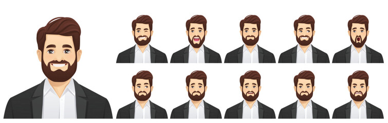 Wall Mural - Set of handsome business bearded man wearing formal clothes with different facial expressions vector illustration isolated