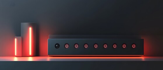 Poster - A modern technological unit with glowing red indicators, set against a dark background. It symbolizes innovation and connectivity in the digital world.