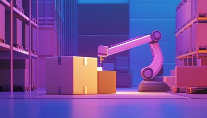Poster - A robotic arm sorting packages in a vibrant, modern warehouse environment.