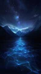 Wall Mural - a beautiful night sky with a blue river and mountains in the background