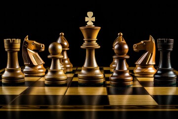 Poster - Strategic chess game featuring wooden pieces on a checkered board with dramatic lighting. Generative AI