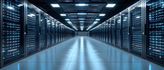 Poster - A sleek, modern data center with rows of illuminated server racks