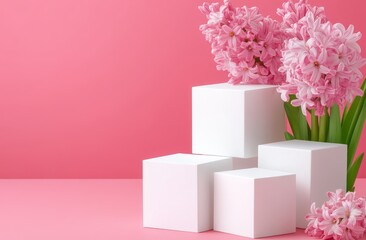 Poster - White rectangle podiums of various sizes are arranged for presentations of cosmetic products or goods, adorned with fresh spring flowers and set against a pastel pink background