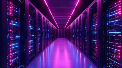 Fototapete - A stunning view of a modern server room illuminated by vibrant pink and blue lights. The sleek rows of servers create an atmosphere of innovation and digital advancement.