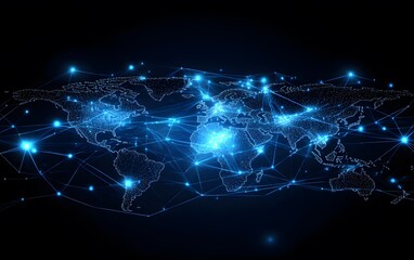Poster - A stunning, vibrant digital world map showcasing a network of connections across continents, illuminated by bright blue lines and dots against a dark background.