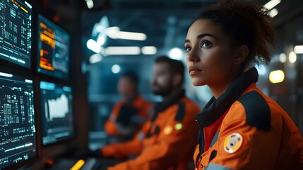 Poster - A team of three professionals working diligently in a high-tech control room, watching screens filled with data. Their focus and teamwork highlight advanced technology in action.