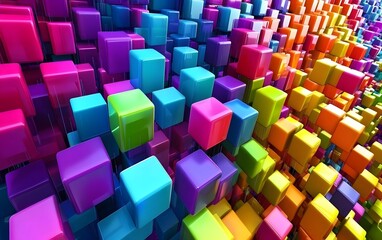 Poster - A vibrant and colorful abstract design featuring a multitude of cubes in varying sizes and hues, creating a dynamic 3D effect that evokes creativity and modernity.