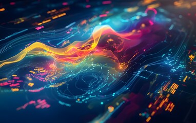 Poster - A vibrant digital abstraction showcasing colorful waves of light and data patterns, representing technological advancement and innovation in a modern digital landscape.