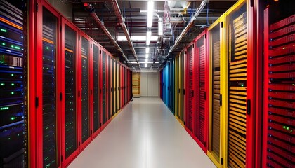 Poster - A vibrant data center showcasing rows of colorful server racks, each equipped with blinking lights. The image captures the essence of modern technology and data management.