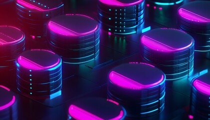 Poster - A vibrant close-up of futuristic circular controls illuminated in neon pink and blue hues. This image showcases the intersection of technology and modern design.