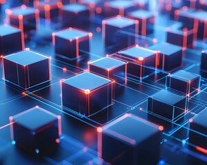 Poster - A vibrant digital landscape featuring interconnected blocks of data illuminated with neon blue and red lights