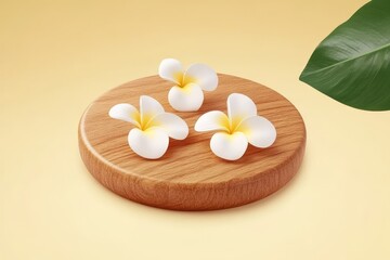 Poster - Geometric podium platform for product presentation with a spring flowering tree branch featuring white flowers on a pastel beige background, front view