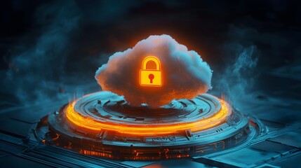 Poster - A visually striking depiction of a cloud with a security padlock symbol, representing data protection and cybersecurity innovation in a futuristic digital environment.