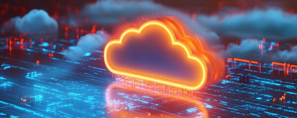 Poster - A vivid digital representation of a cloud icon glowing in an abstract electronic environment. This image symbolizes cloud computing and modern technology advancements.