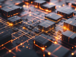 Poster - An abstract close-up view of a futuristic circuit board, illuminated with glowing particles