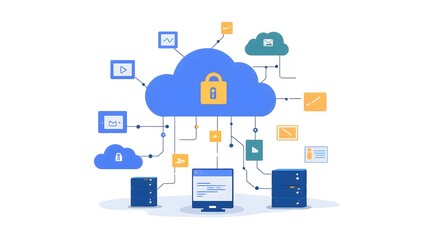 Poster - An abstract illustration representing cloud computing with secure data transfer, encryption symbols, and interconnected devices, highlighting modern digital solutions.