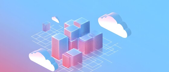 Poster - An abstract illustration depicting cubes and clouds, representing digital innovation and cloud computing concepts against a vibrant blue and pink background.