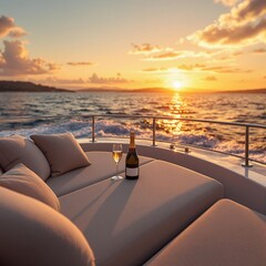 Aufkleber - A cinematic view of a luxury yacht deck at sunset, with plush seating, a chilled champagne bottle, and soft waves in the background