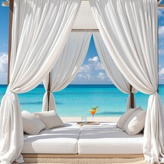 Poster - A luxurious beach cabana with flowing white curtains, plush cushions, and a refreshing cocktail set against a pristine blue ocean backdrop