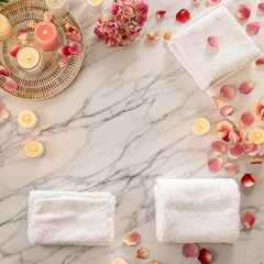 Poster - An overhead shot of a luxury spa setup, featuring aromatic candles, fresh white towels, and petals scattered on a marble surface