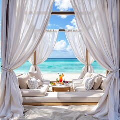 Poster - A luxurious beach cabana with flowing white curtains, plush cushions, and a refreshing cocktail set against a pristine blue ocean backdrop