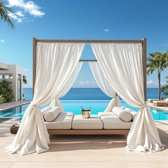 Poster - A cinematic view of a luxury poolside cabana with flowing white curtains, plush seating, and a chilled champagne bucket under sunny skies