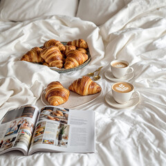 Poster - A lavish breakfast spread on a bed with crisp white linens, including fresh croissants, a cappuccino, and an open magazine